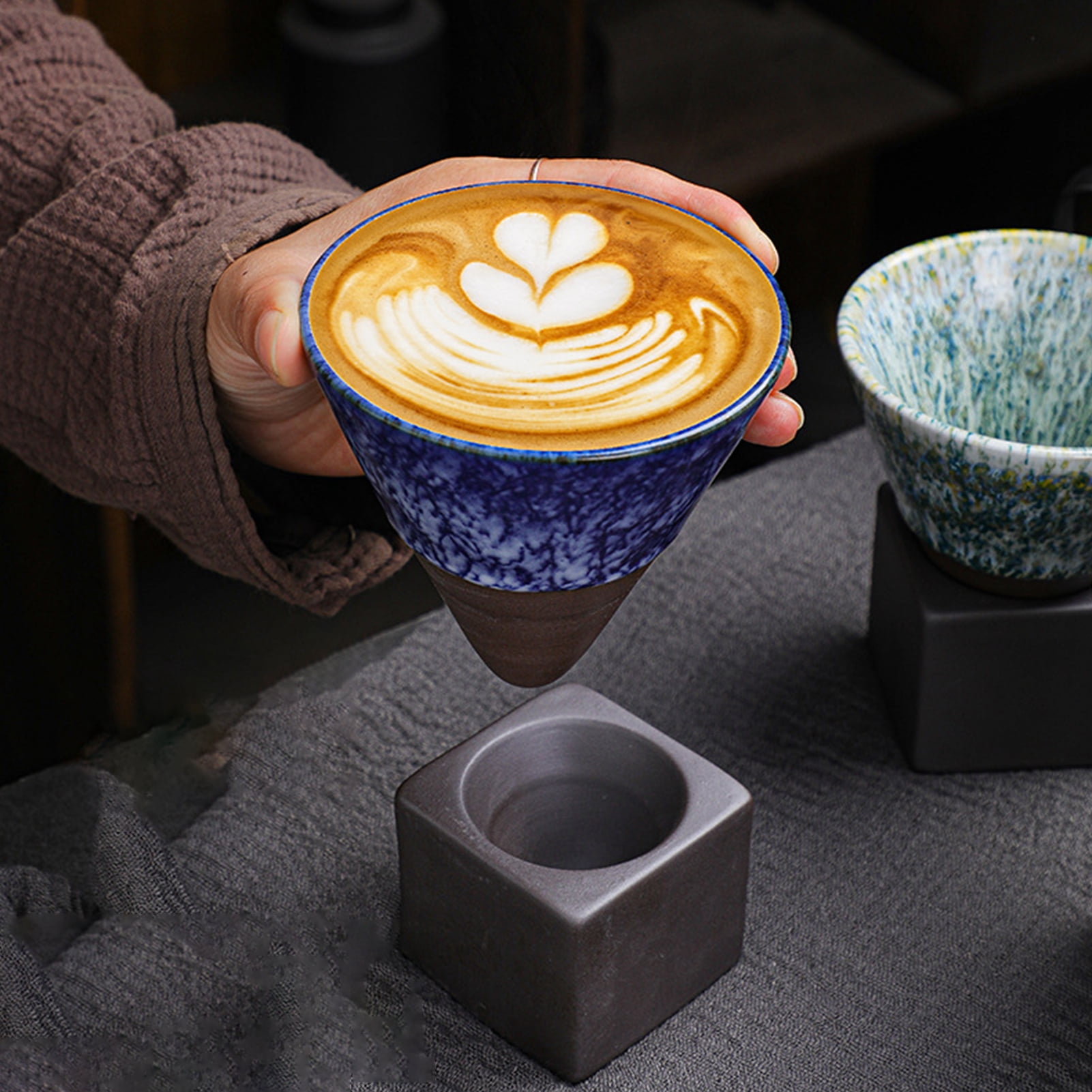HomeLife 150ML Ceramic Funnel Coffee Cup with Base Heat-resistant Handmade Japanese Style Latte Cappuccino Tea Espresso Tapered Mug Birthday Gift