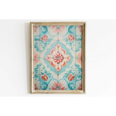 Azulejos Print Portuguese Tile Vintage Teal Pink Art, Unframed Paper Poster 8x10in