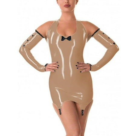 Women Sexy Halter Sleeveless Dress PVC Leather Bodycon Dress with Garter Clips Gloves Lingerie Mini Dress