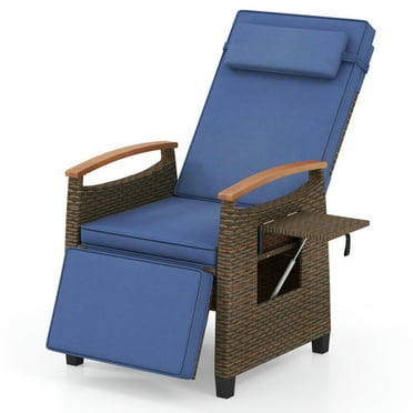 Spaco Patio Wicker Recliner Chair, Anti-Fading Rattan Recliner Chair with Adjustable Backrest and Footrest, Recliner Chair for Outdoor, Navy