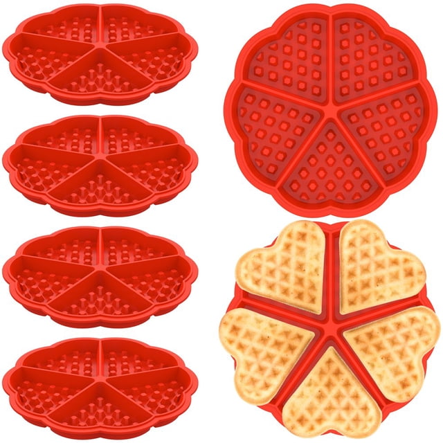 6 Pcs Moules à Gaufres 5 Cavités Moule de Cuisson en Silicone pour Gaufres Moule à Crêpes Résistant à la Chaleur Moule à Muffins Antiadhésif en Forme de Cœur Moule à Gâteau Réutilisable pour la Cuisson en Cuisine (Rouge)