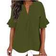 thumbnail image 2 of ClodeEU Women's Faux Linen V Neck Ruffle 3/4 Sleeve Blouse,Casual Loose Fit Solid Color Top Army Green,Women's Plus L, 2 of 8