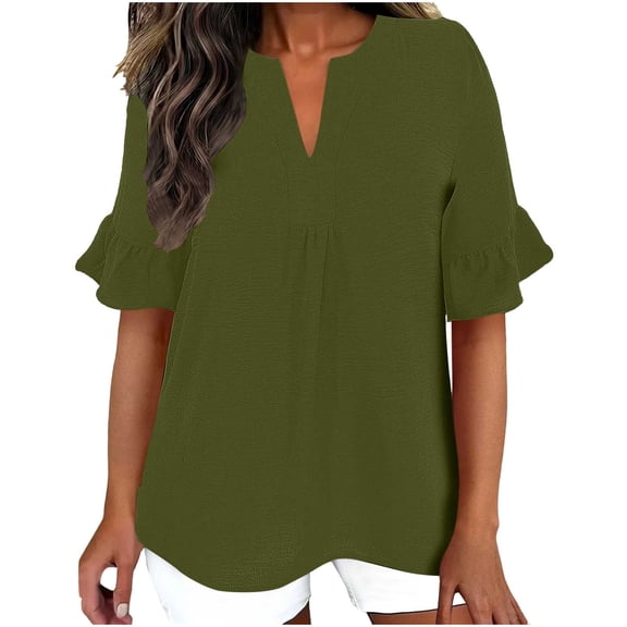 Edvintorg Summer Shirts for Women Cotton Linen V Neck Short Ruffle Sleeve Loose Casual Tops Womens Blouses Women Clothing Army Green L