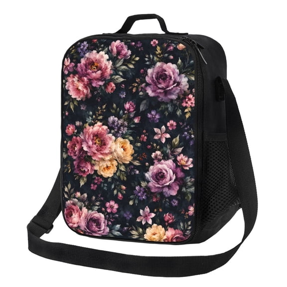 Dark Floral Peony Lunch Bag Insulated Thermal Lunch Box with Shoulder Strap & Handle for Women and Men