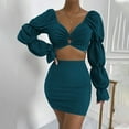 thumbnail image 1 of Puntoco 2 piezas moda mujer cuello en V sólido hueco bandag blusa de manga larga + Mini vestido conjuntos liquidación Puntoco Puntoco-1253, 1 of 9