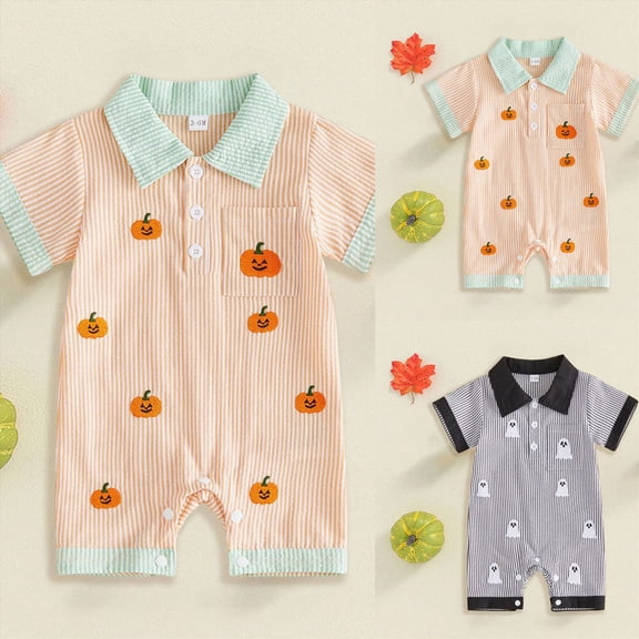 0-3 Months Newborn Preemie One-Piece Jumpsuit Halloween Pumpkin Embroidered Jumpsuit Lapel Climbing Suit Orange Bodysuit Baby Gift
