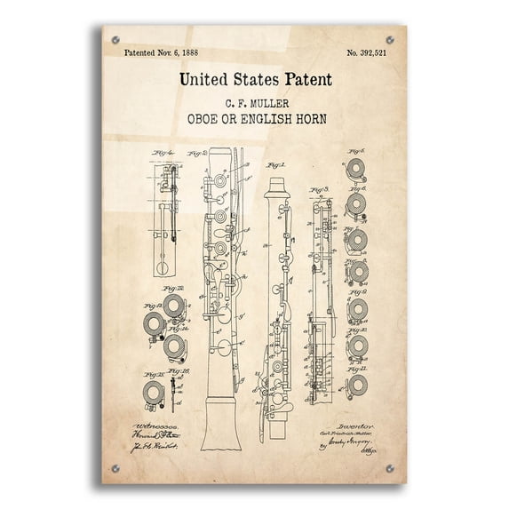 Epic Art 'Oboe Blueprint Patent Parchment,' Acrylic Glass Wall Art, 24"x36"
