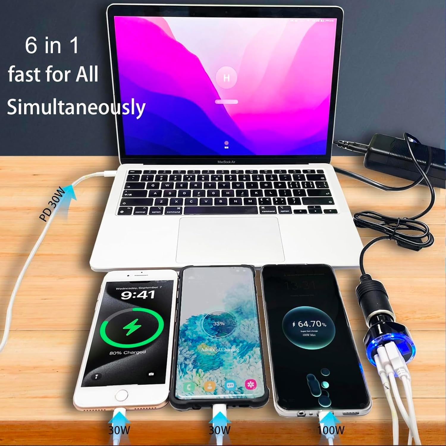 Full PD 30W Multi Port USB C Car Charger Adapter 6 in 1 with Voltage Display, PD4.0/QC4.0/PPS/AFC Super Fast Charging Cigarette Lighter Adapter with Volt Meter for MacBook iPhone Galaxy Android