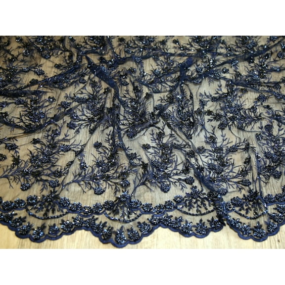 Beaded Scalloped Edge Couture Bridal Lace Fabric Navy Blue - per yard