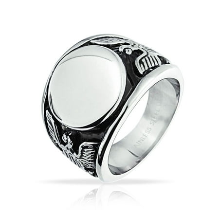 Silver Onyx Eagle Man Ring - Mens Patriotic USA American Bald Eagle Monogram Signet Ring For Men Oxidized Silver Tone Stainless Steel
