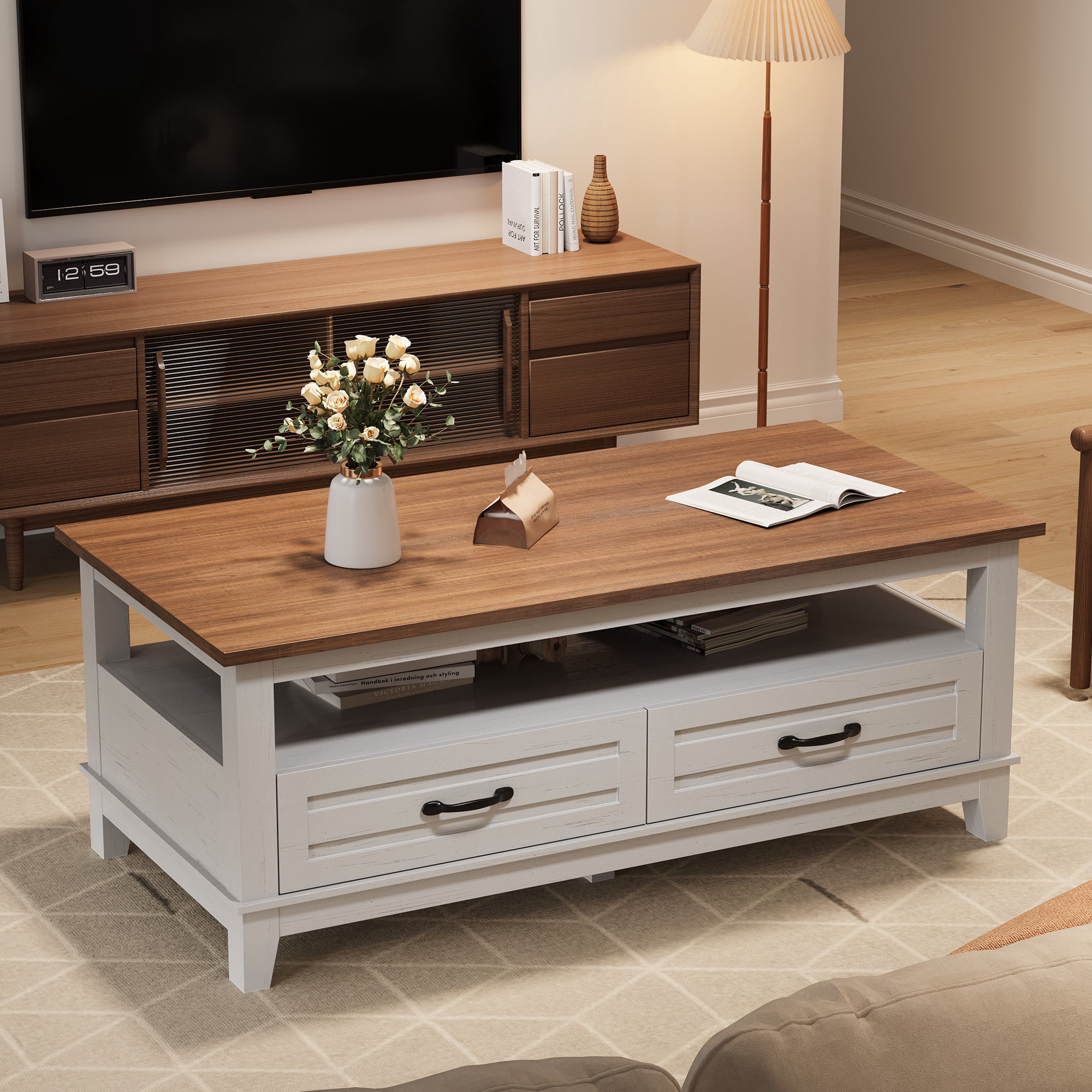 Farmhouse Coffee Table with Storage, Wood Coffee Table for Living Room, Open Display Area and Storage Drawers with Handles, Chic Style for Office, Parlor, Reading Room