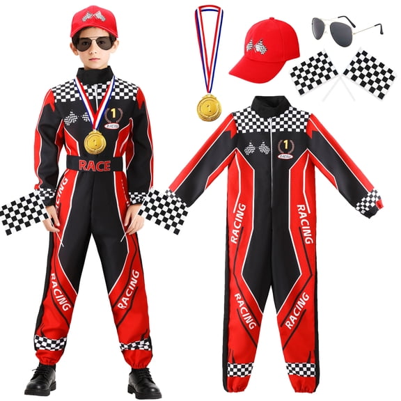 Race Car Driver Costume 6Pcs Racer Jumpsuit with Car Cap for Halloween Racer Dress Up