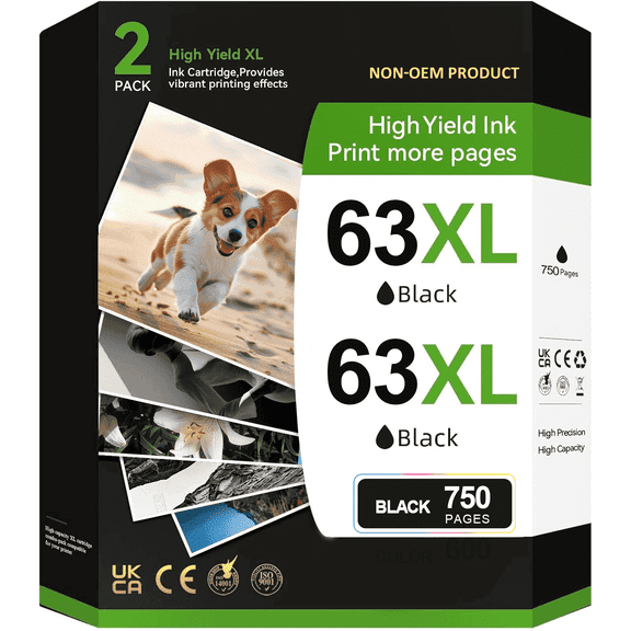 63XL Ink Cartridge Compatible for 63 Black Ink Cartridges for HP Officejet 3830 4650 4652 Envy 4520 4512 4650 Deskjet 3630 3632 Printer(Black, 2-Pack)
