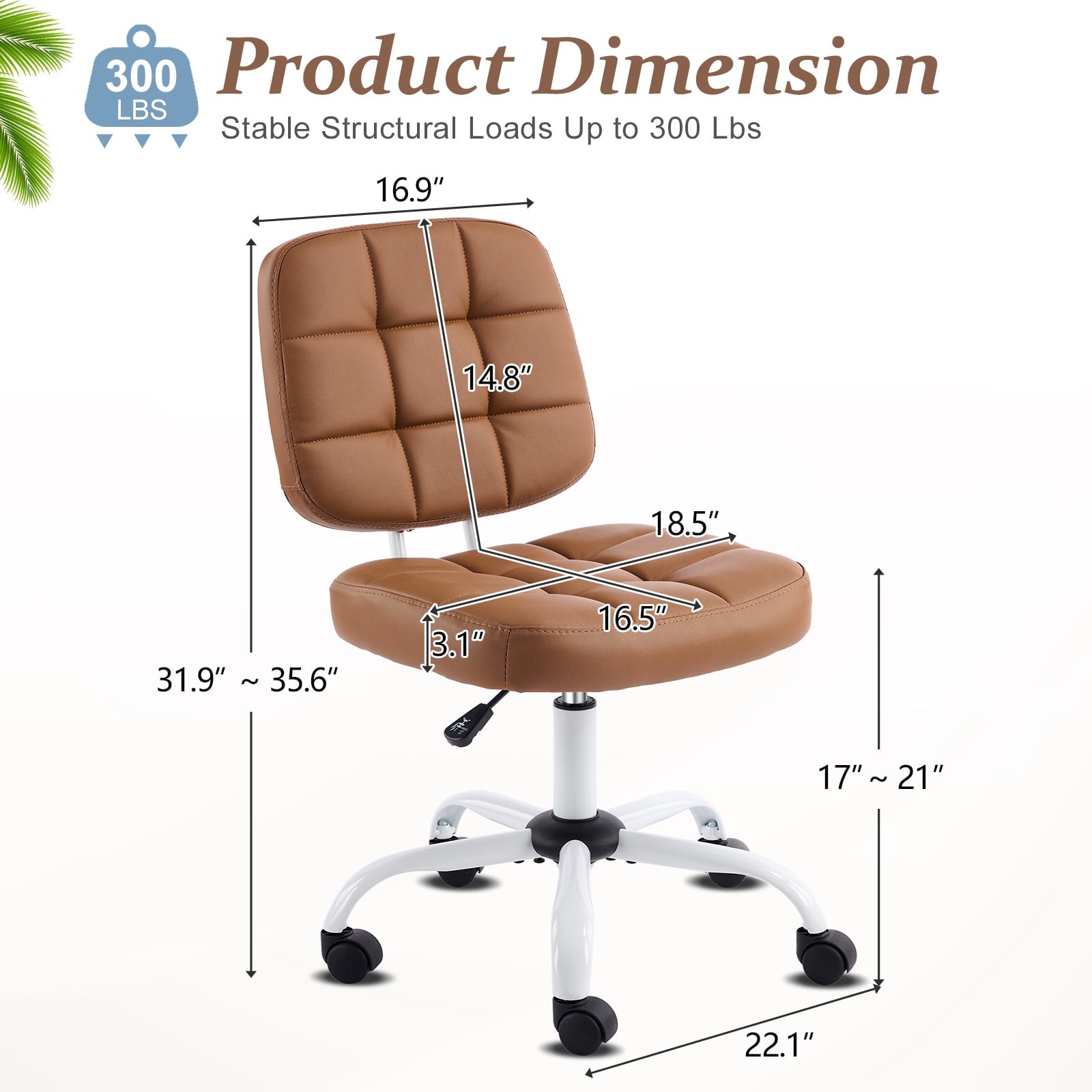 Ktaxon Armless Office Chair with Star Base PU Swivel Task Chair with 9-Grid Design for Study Room or Dressing Area Brown