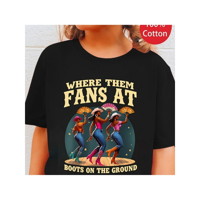 Festive Summer Girl 100% Cotton T-Shirt - "Where They at Fans at" Cowboy Hat & Boots Cartoon Print, Short Sleeve, Crew Neck, Loose Fit for Boys and Girls, Western T Shirt