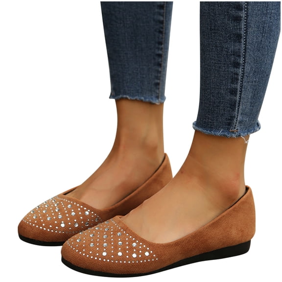 ZACPNCV Womens Flat Casual Shoes Round Toe Rhinestone Comfort Slip On Flats Spring Fall