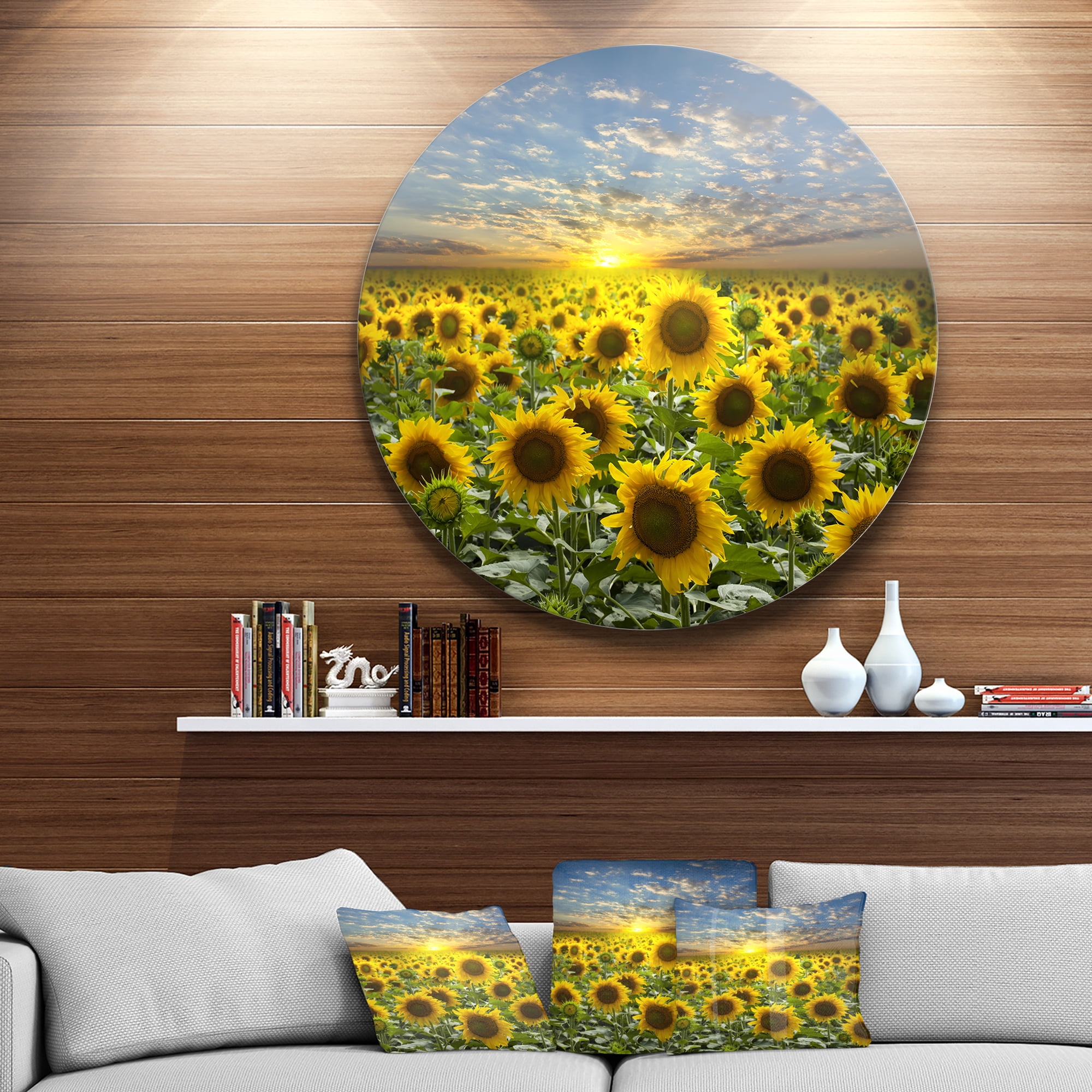 Designart 'Field of Blooming Sunflowers' Large Flower Metal Circle Wall Art