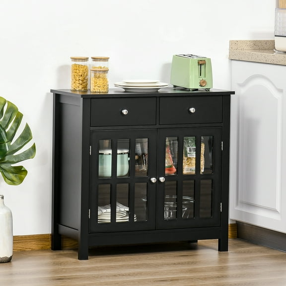 Knubmt Wood Buffet Cabinet with Inner Shelves and 2 Drawers, 2 Glass Doors Storage Cabinet for Kitchen, Dining Room, Black