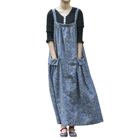 

Tomshoo Women Folk Style Printed Cotton and Linen Overall Dress Casual Loose Collar Ankle-length with Pockets Blue One Size
