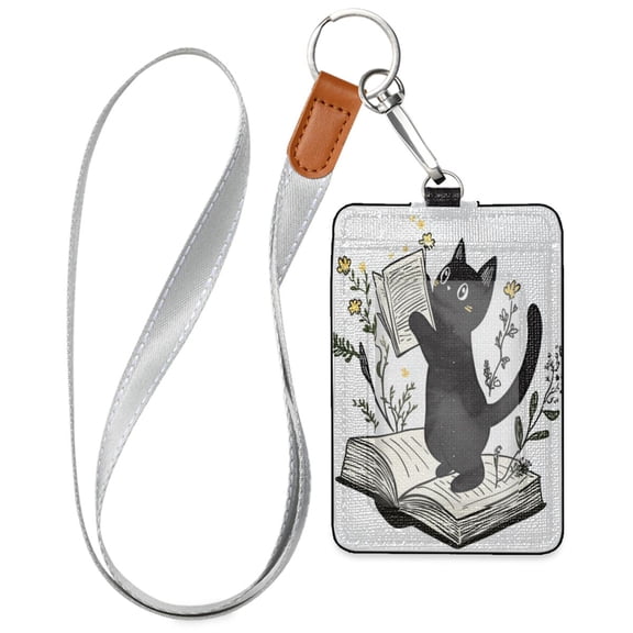 PU Leather ID Badge Holder Stylish Badge Holders with Lanyard (4.3x2.8x0.3in) for Cards & Credentials Black Cat Holding Up An Book