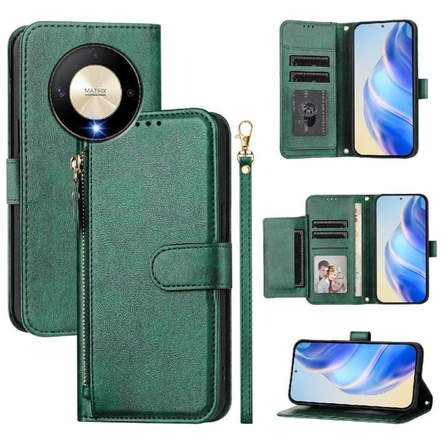 Funda para Honor X50 5G con cremallera tipo cartera, tarjetero, marco de fotos, soporte y cordón, de piel sintética. verde