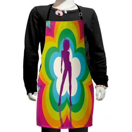 

70s Party Kids Apron Vibrant Colorful Flowers with Dancing Woman Silhouette on Retro Design Backdrop Boys Girls Apron Bib with Adjustable Ties for Cooking Baking Painting Multicolor by Ambesonne
