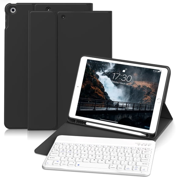 Funda Teclado KVTVOU para iPad 9ª/8ª/7ª Generación (10.2 Pulgadas, 2021/2020/2019), Teclado Bluetooth Inalámbrico Magnético Desmontable, Funda Folio con Soporte y Porta Lápiz, Negro