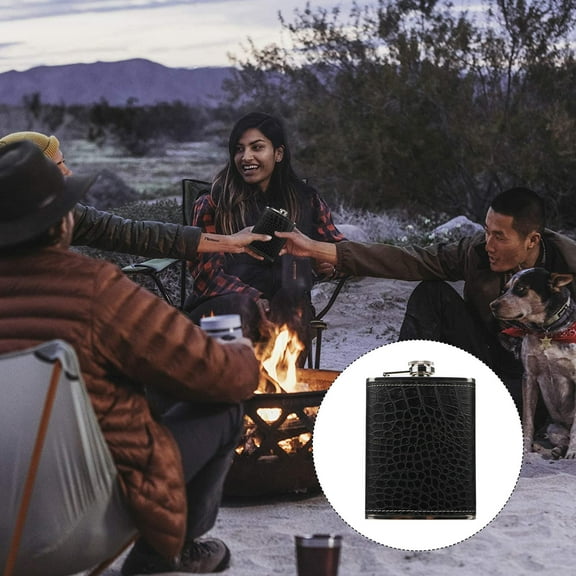 WHAMVOX Black Stainless Steel Liquor Flask for Outdoor Use with Funnel and Leather Cover 1 Set Pocket Size