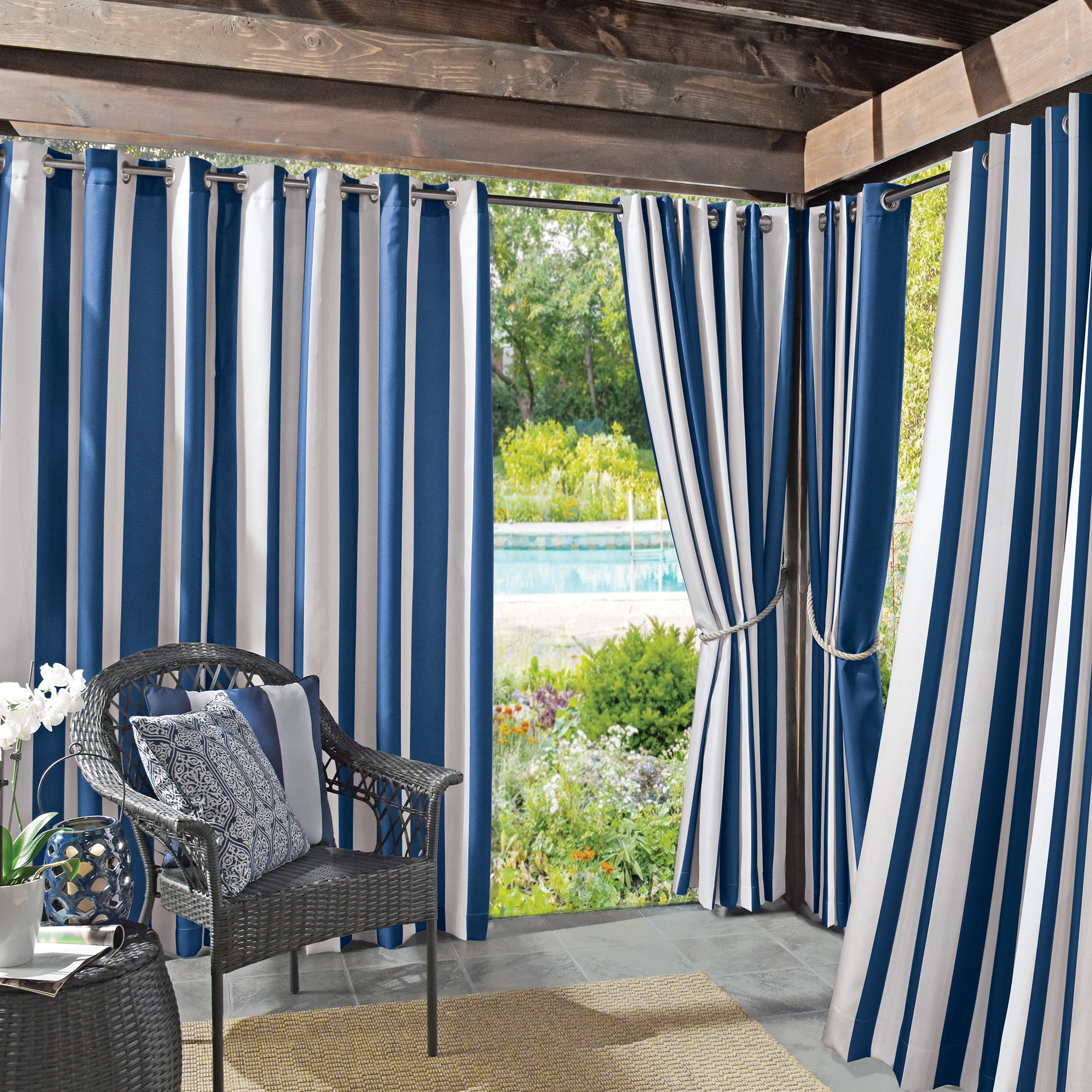 Sun Zero Valencia Cabana Stripe Indoor/Outdoor UV Protectant Room Darkening Grommet Curtain Panel, 54"x95", Indigo