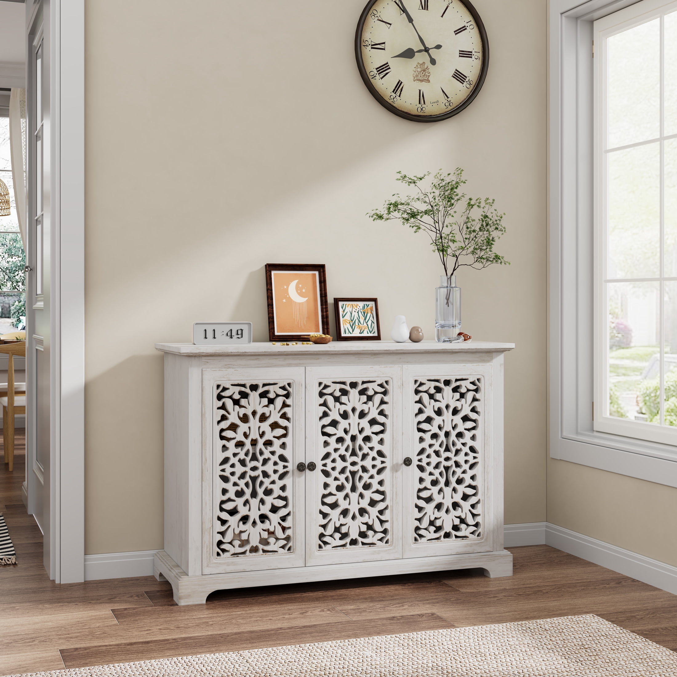 Noble House 43.3" Vintage Sideboard Buffet Cabinet with 3 Carved Doors, Antique White
