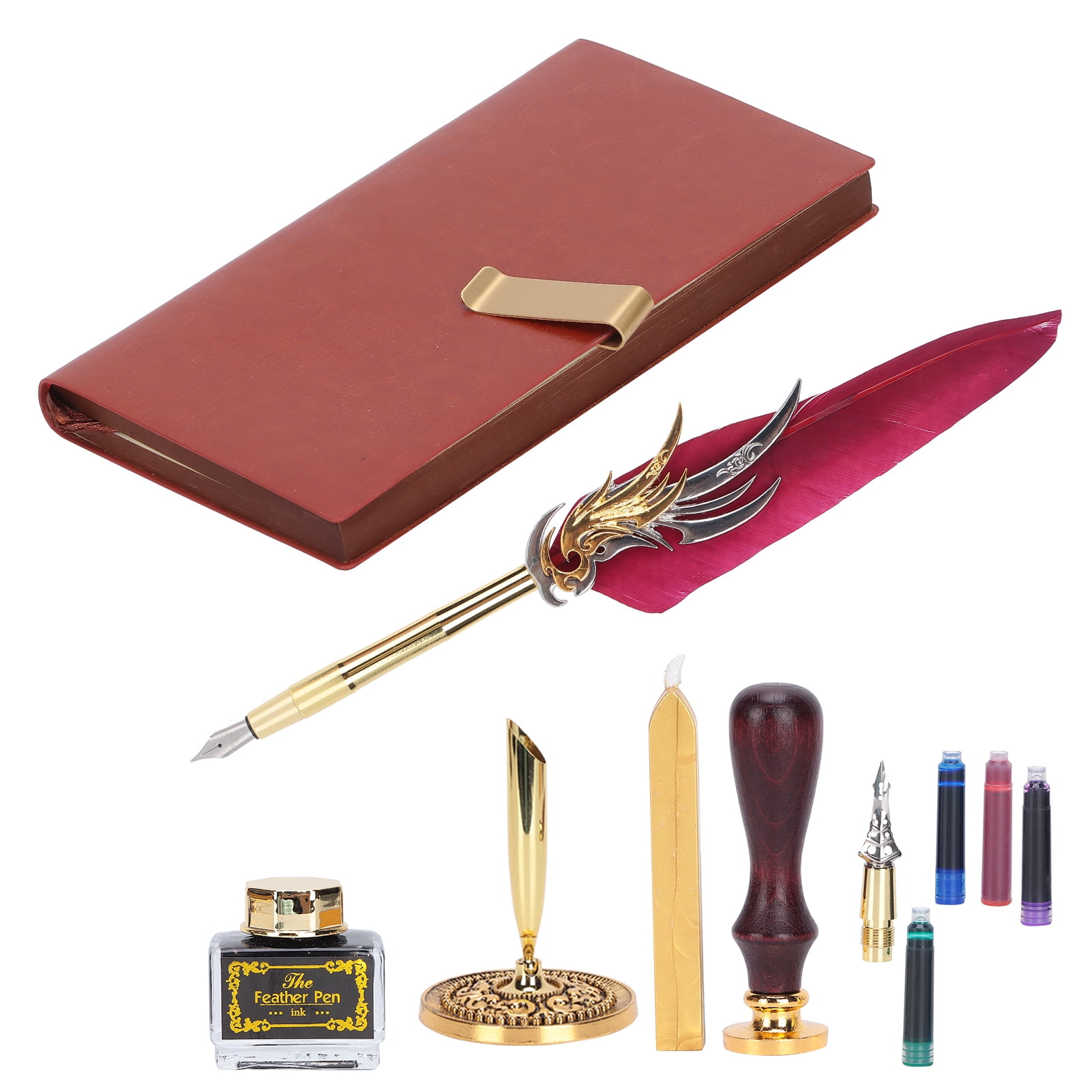 Riousery Dip Calligraphy Pen Set Feather Ink Sac Fountain Pen Gift Box Kit with Lacquer Stamp Tool Wine Red SP139006