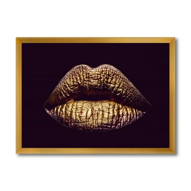 Designart 'Sexy Golden Metallized Woman Lips II' Modern Framed Art Print