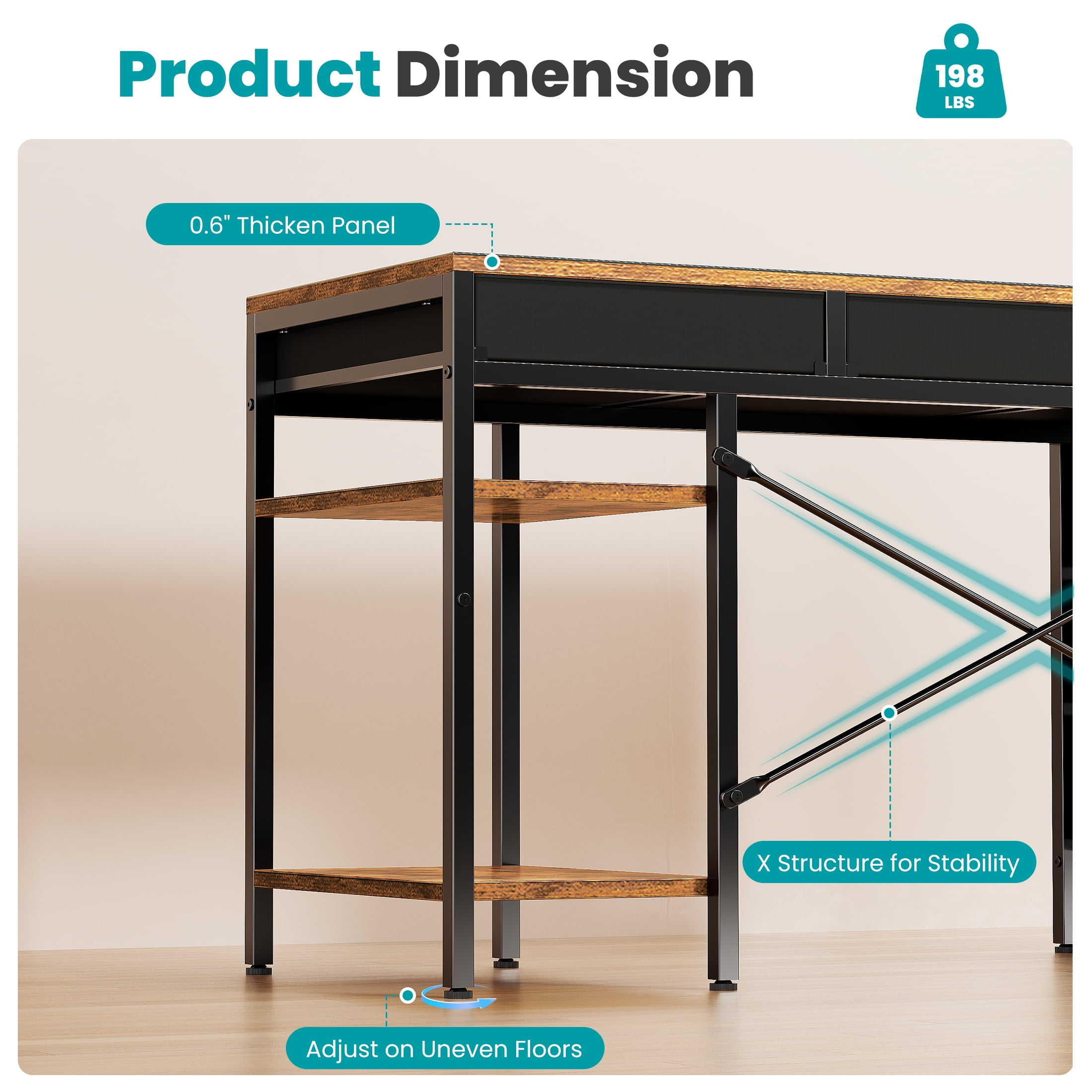 CONCETTA 47 inch Computer Desk with 6 Drawers & 2 Open Shelves, Modern Home Office Desk with Storage, Writing Study Desk for Bedroom, Workspace，Rust