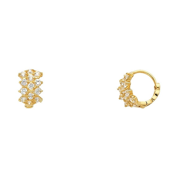 Solid 14k Yellow Gold Fancy Huggie Hoop Earrings Huggies Round CZ Three Row Style Small Tiny 10 mm