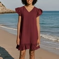 thumbnail image 6 of SYMOID Womens Solid V Neck Short Sleeve Mini Casual Summer Dress with Ruffle Hem,Wine,Size XL, 6 of 7
