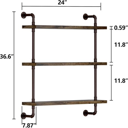 3-Tier Rustic Wood Industrial Pipe Shelf Wall-Mounted Floating Storage Rack for Kitchen Office Bathroom or Home Books & Sundries Holder 24-Inch
