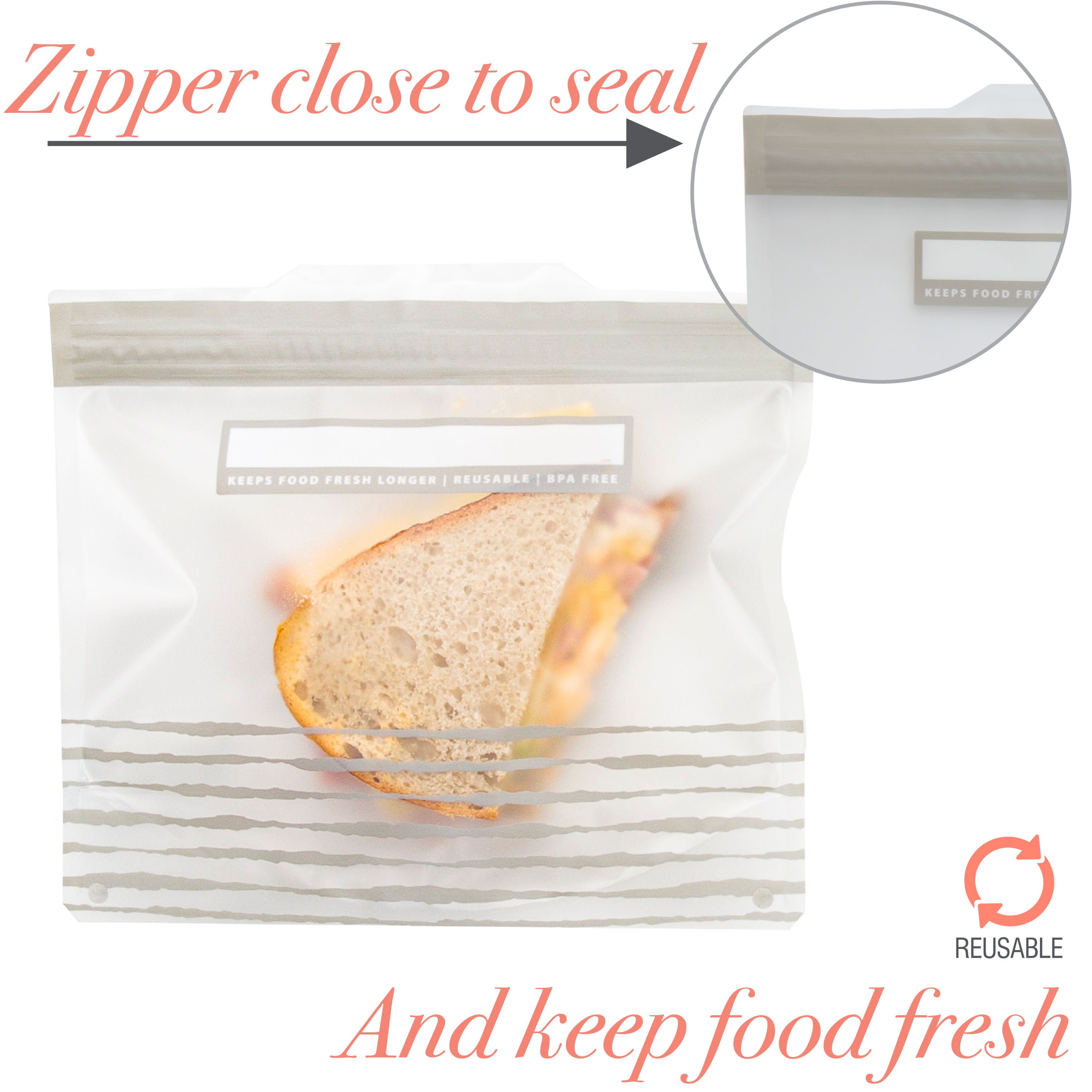 Kitchen Details 6 Piece Set Plastic Reusable Sandwich and Snack Bags, Gray