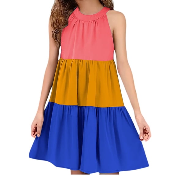 Efsteb Summer Dress for Girls Fashion Color Block Sleeveless Dress Casual Round Neck Beach Sundress (Dark Blue,9-10 Years)