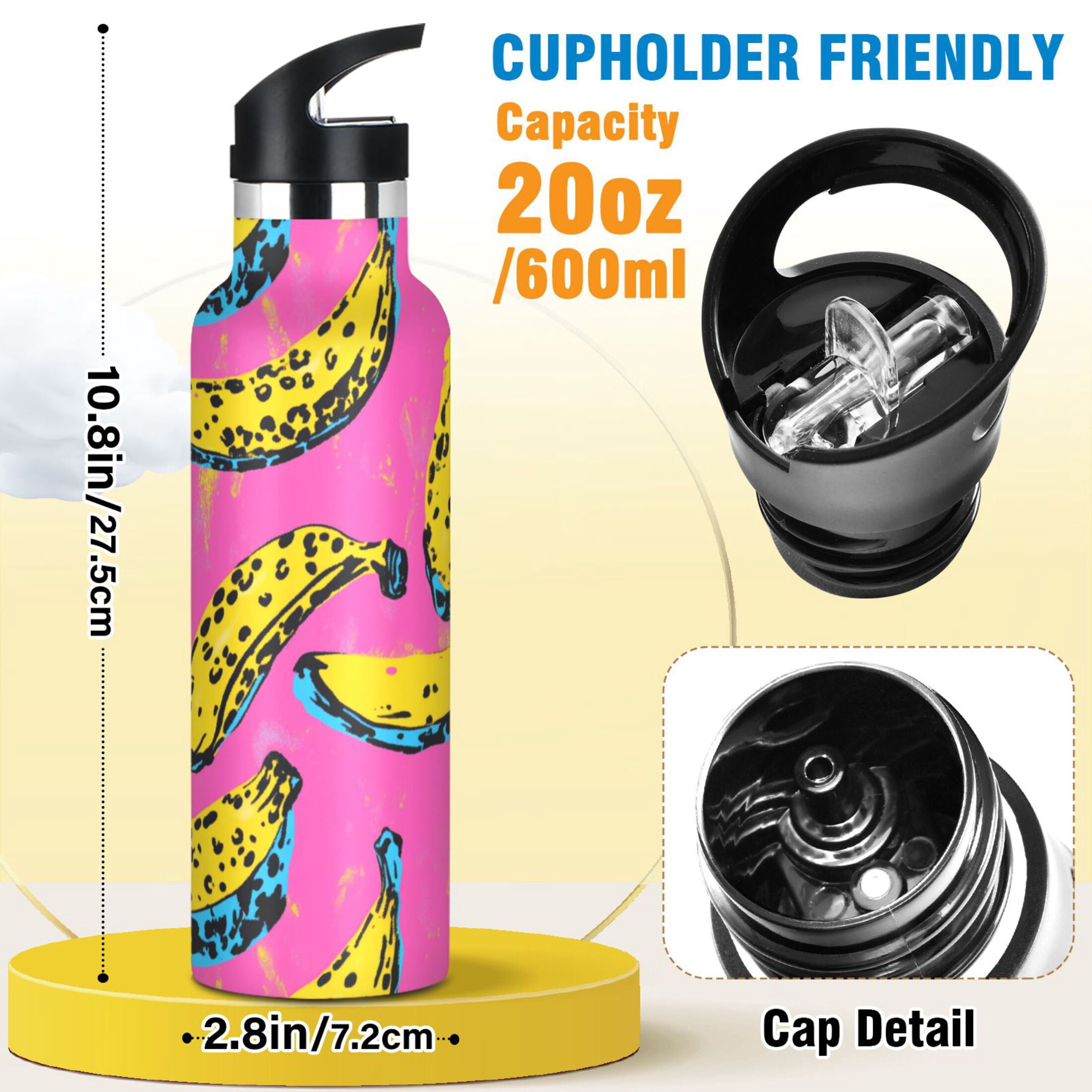 Kids Insulated Stainless Steel Sports Water Bottle 600ml (20oz) Bananas Pattern