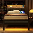 thumbnail image 4 of Twin Size Bed Frame with LED Light and Charging Station, Grey Upholstered Storage Headboard with Shelf, Metal Platform Bed with Heavy Duty Slats, No Box Spring Needed, Noise Free, 4 of 18