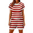 thumbnail image 3 of Sewkxo Two Piece Sets for Women Stripe Summer Crew Neck Lounge Short Sets Shorts Sleeve Drawstring Sweatsuit with Pocket,Red M, 3 of 5