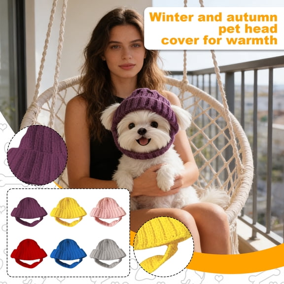 Knitted Pet Hat Windproof Dog Head Cover with Adjustable Strap,Cozy Soft Beanie Cap for French Bulldogs,Cats & Puppies