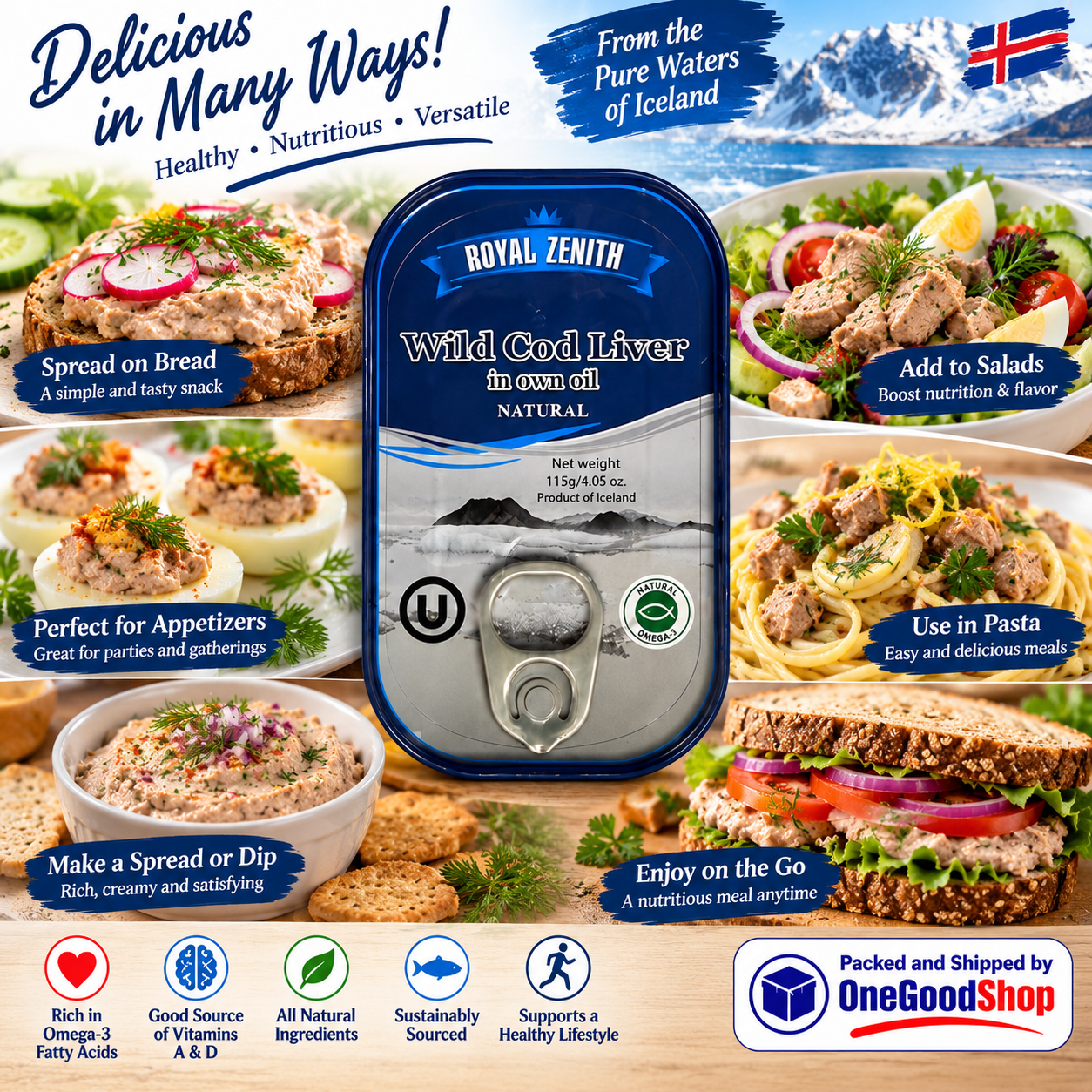 Royal Zenith Icelandic Wild Cod Liver 4.05oz/115g Pack of 5, Certified Kosher.