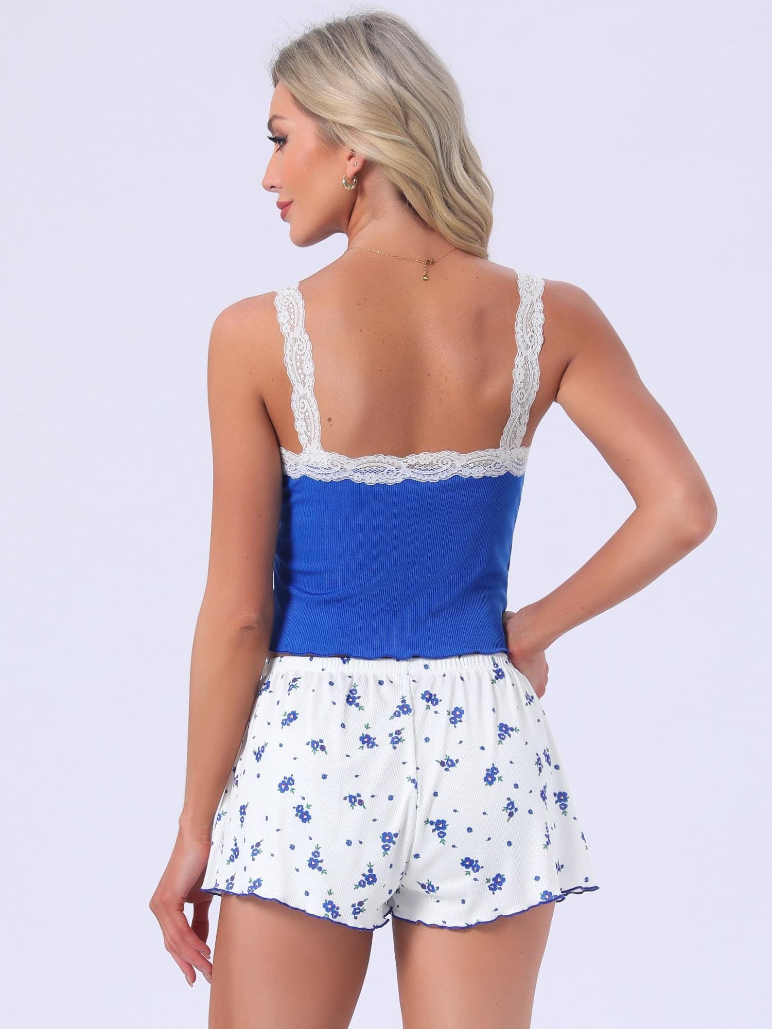 DARING DIVA Women's 2-Piece Pajama Set Lace Tops Sleeveless Floral Shorts L Blue