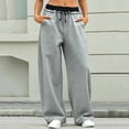 thumbnail image 2 of ZHYou No Boundarie Womens Drawstring Wide Leg Sweatpants Contrast Waistband Loose Fit Floor Length Casual Trousers with Pockets,Gray,Size L, 2 of 8