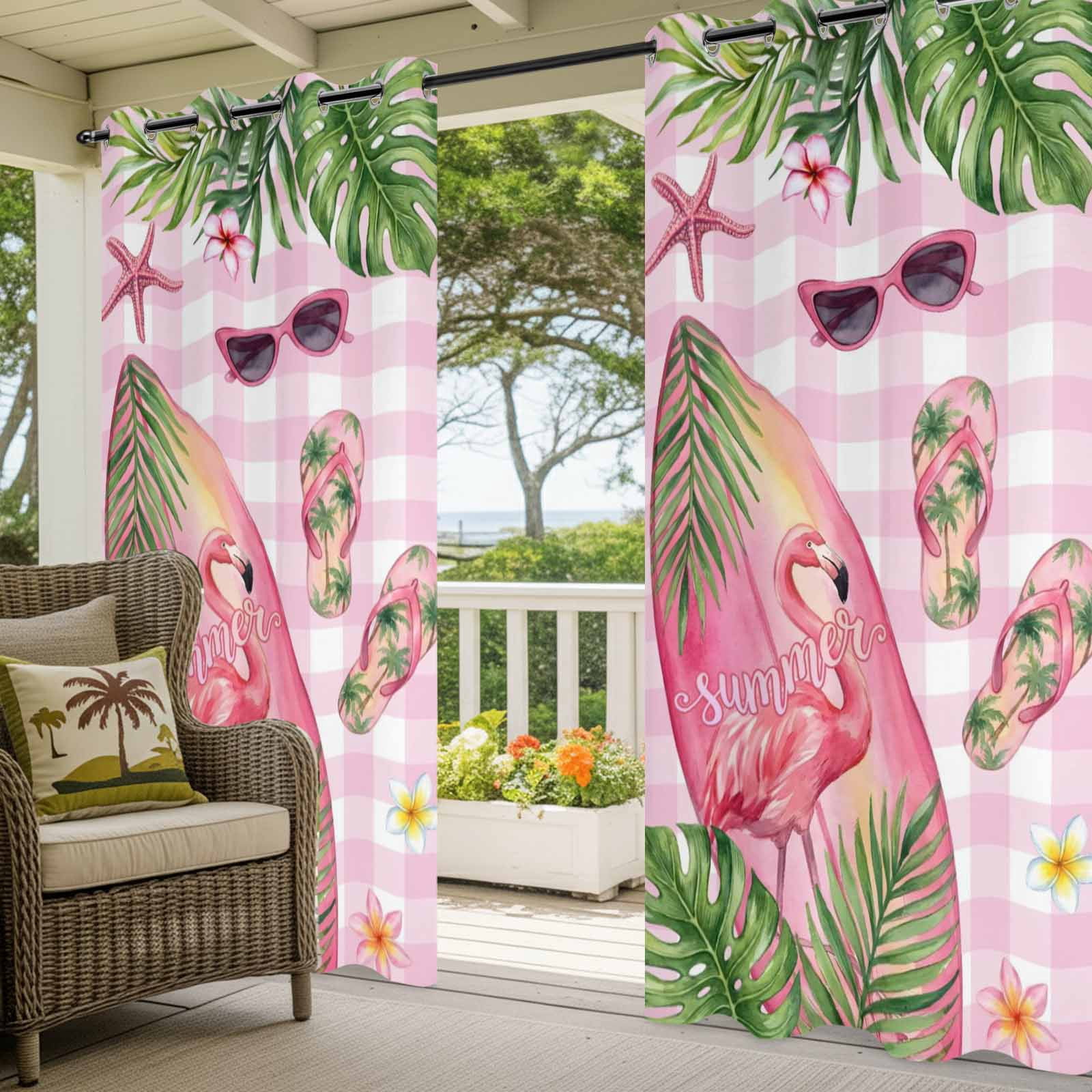 Summer Ocean Surfboard Outdoor Curtains for Patio, Beach Slippers Flower Palm Leaf Pink Plaid Sunshade Privacy Drapes Grommet Waterproof Outside Curtains for Porch/Cabana/Balcony 54"x 108", 1 Panel