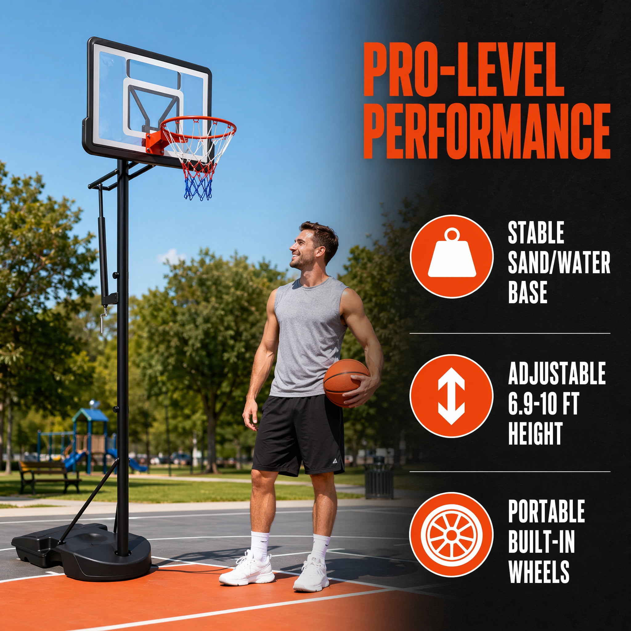 Portable Adjustable Basketball Hoop for Youth Adults & Kids 6.89–10.01 FT Height Basketball Goal 34 Inch Impact‑Resistant Backboard with Water/Sand Base & Wheels for Backyard Driveway