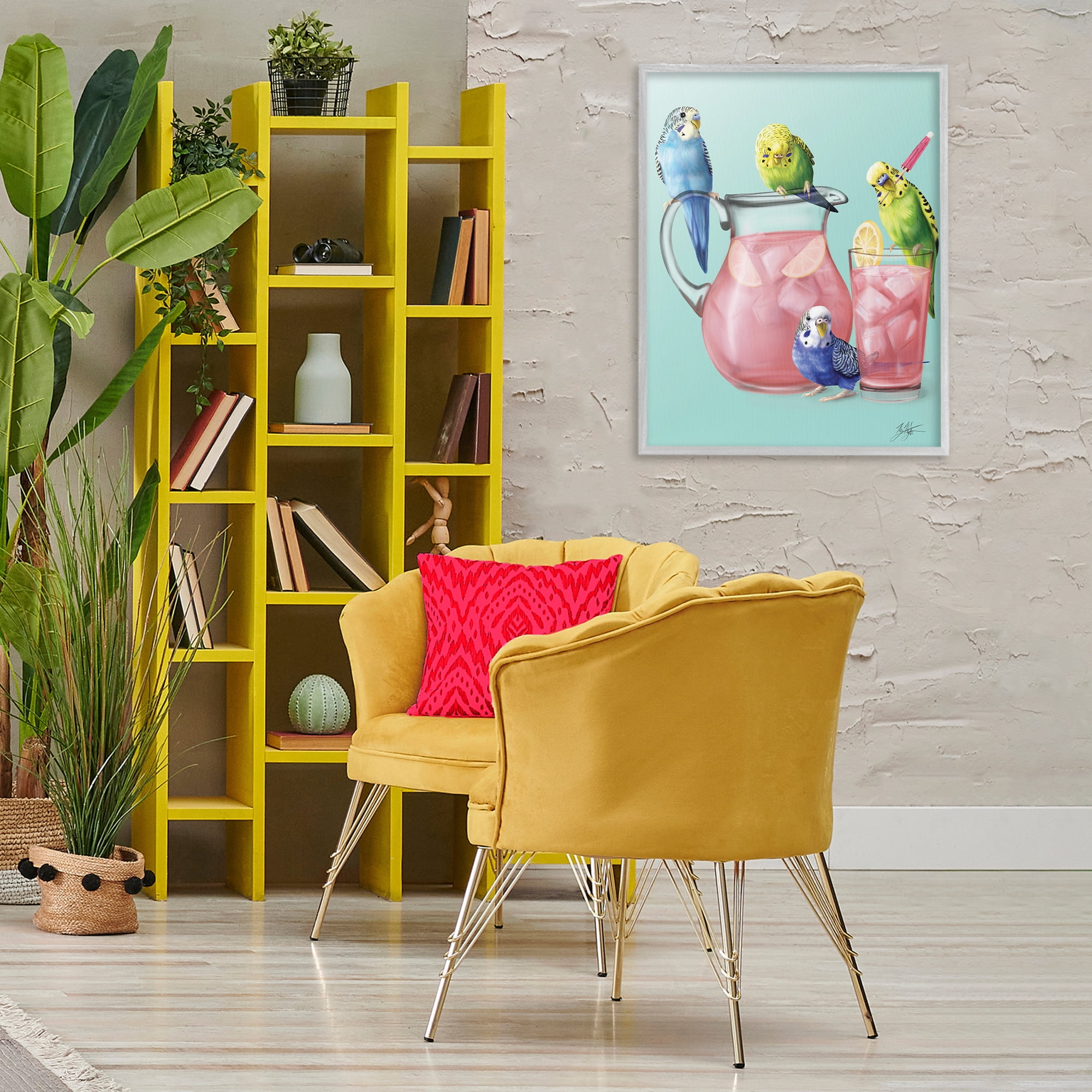 Stupell Industries Budgies & Pink Lemonade Food & Beverage Painting Gray Framed Art Print Wall Art, 24 x 30