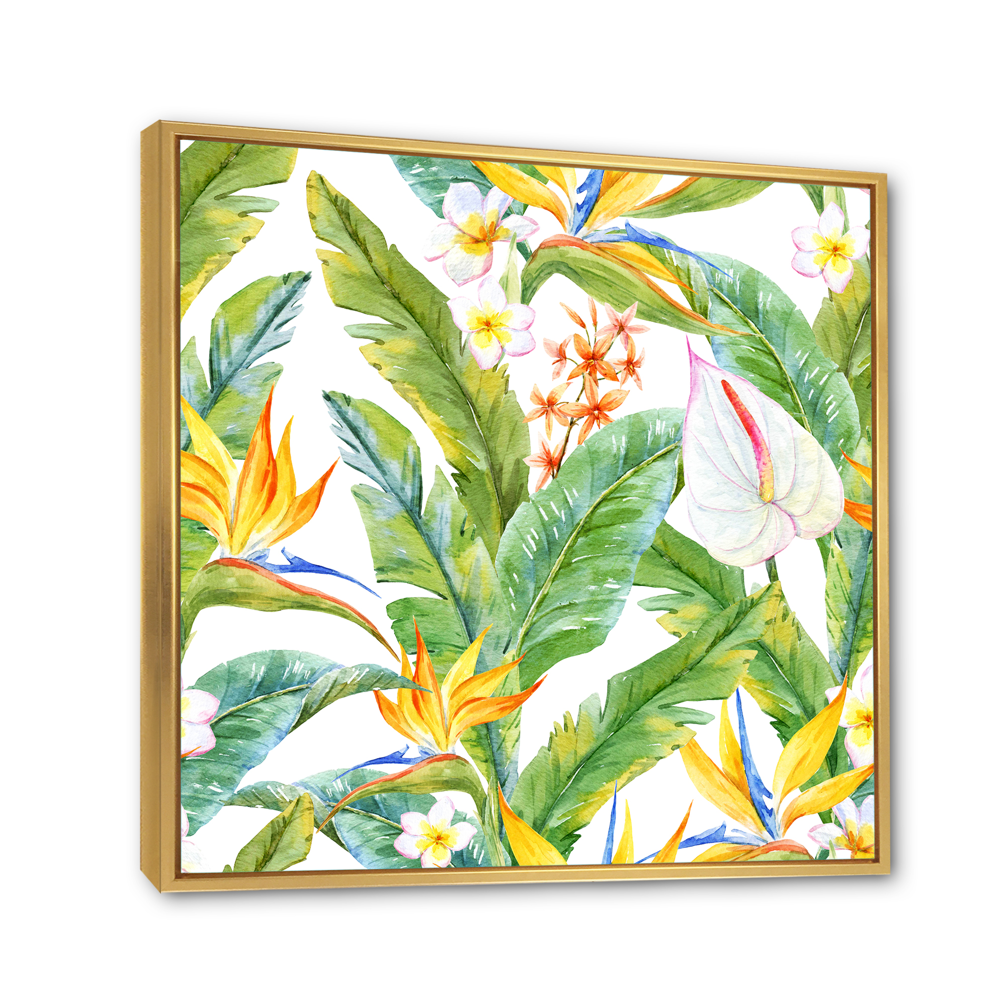 Yellow Flowers and Tropical Foliage II 16 in x 16 in Framed Painting Canvas Art Print, by Designart