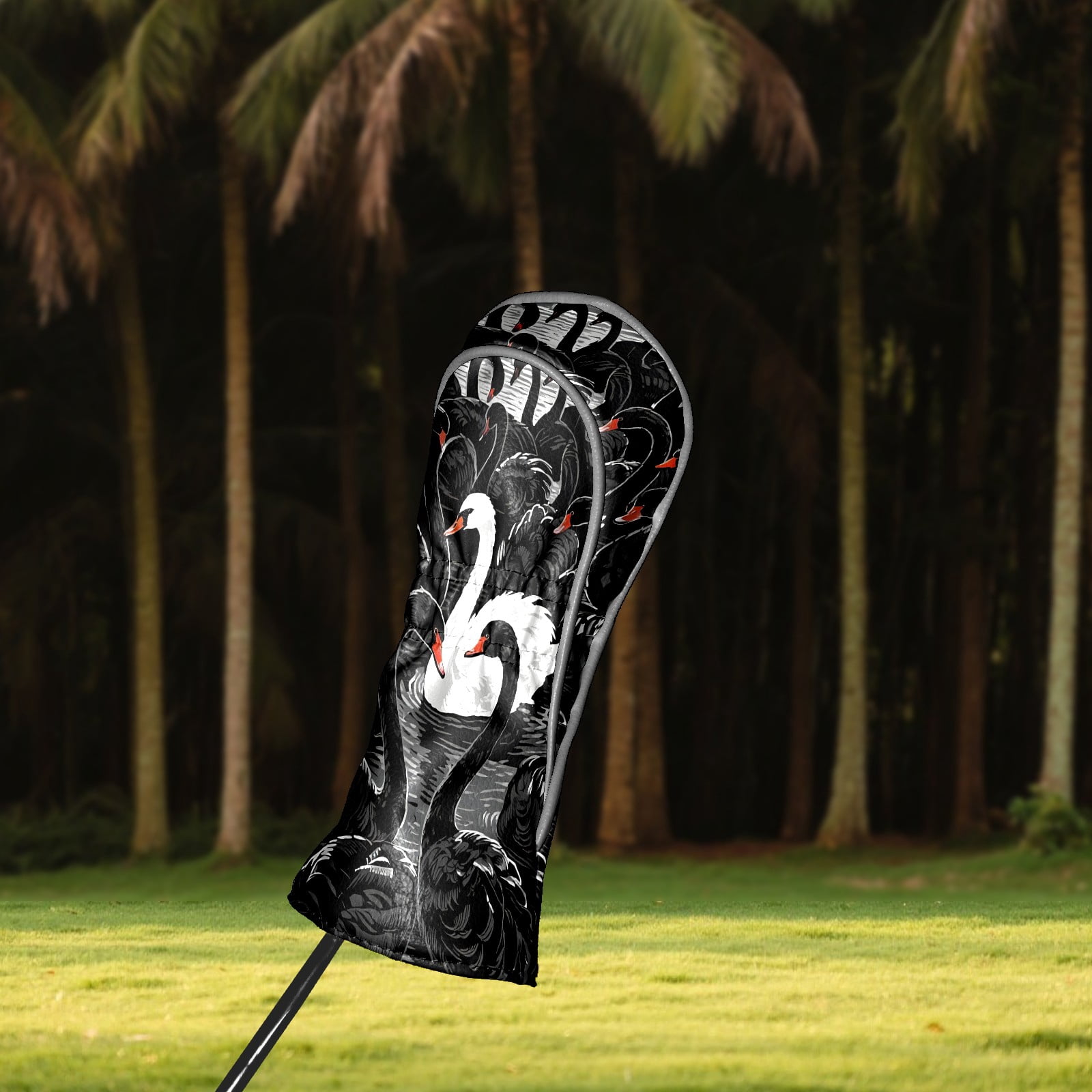 Golf Club Covers, Black And White Swan Premium PU Leather Driver Hybrid Putter Head Covers with Velvet Lining, Waterproof Golf Gifts for Men Women
